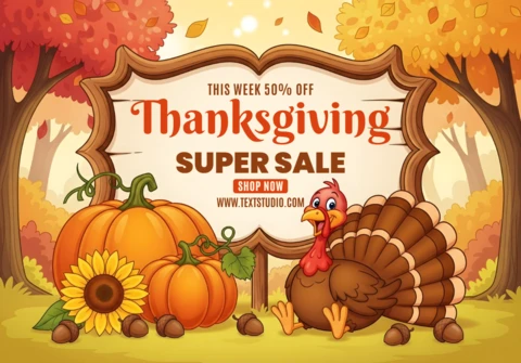 Thanksgiving Theme with Cartoon Turkey, Fall Leaves & Promotional Frame Promotional Sale Banner Design Template