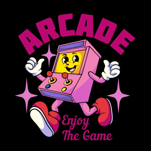Genieße das Spiel mit einem verspielten Arcade-Maschinencharakter, der nostalgischen Spaß bringt, T-Shirt-Design-Vorlage.