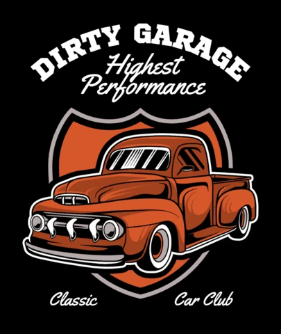 Conception de t-shirt pour club de voitures classiques avec camionnette sale et garage, performance maximale.