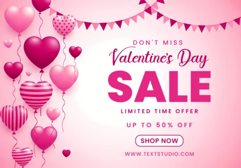 Plantilla de venta del día de San Valentín con diseño de globos en forma de corazón para folleto promocional.