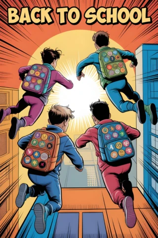 Back to School Students Jumping Toward Sunburst with Colorful Backpacks and Cityscape Poster Design Template
