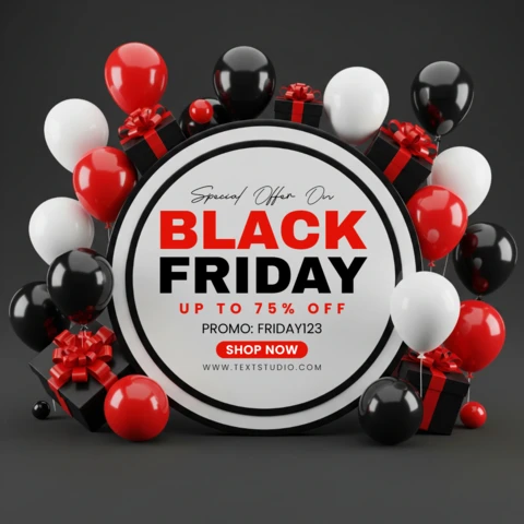 Affiche promotionnelle de Black Friday, centre circulaire avec des ballons rouges et noirs et des boîtes-cadeaux, modèle de design pour promotion de vente.
