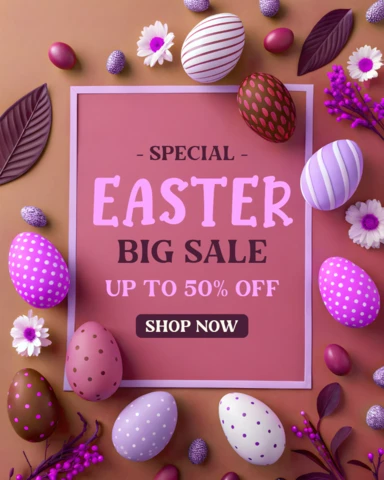 Plantilla de diseño de venta de Pascua primaveral con huevos de colores y detalles florales