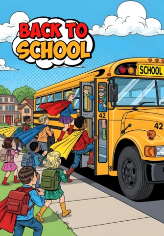 Volta às aulas super-heróis crianças embarcando no ônibus escolar amarelo com capas e mochilas modelo de design de cartaz