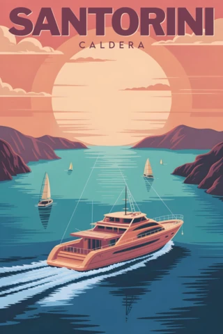 Caldera Sunset with Yacht, Sailboats & Cliffside Horizon Santorini Travel Posters Design Template
