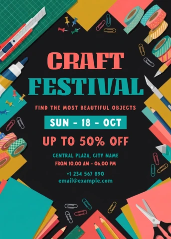 Modèle de flyer pour festival d'artisanat créatif avec fournitures d'art DIY colorées et éléments d'atelier fait main