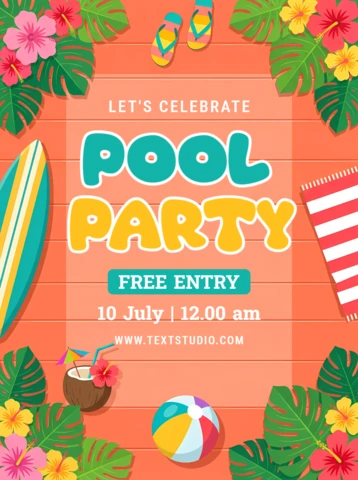 Plantilla de póster de invitación a fiesta en la piscina tropical con tabla de surf, pelota de playa, hojas de palma y decoraciones de verano