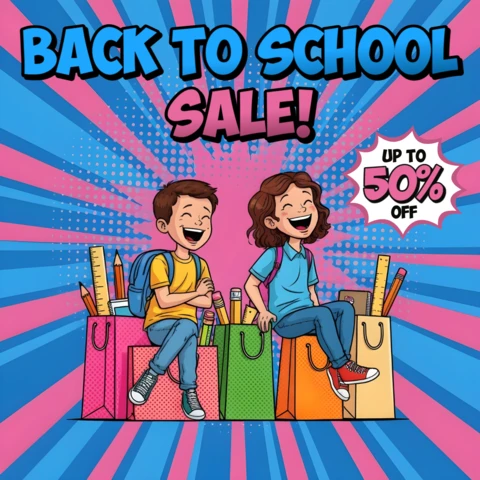 Venta de regreso a clases cómica para niños con mochilas y plantilla de diseño de oferta por tiempo limitado para volantes promocionales.