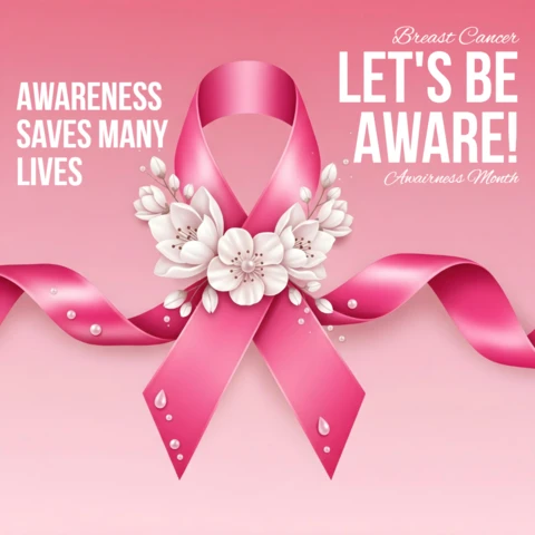 Breast Cancer Awareness Pink Ribbon with Floral Accents Banner Design Template