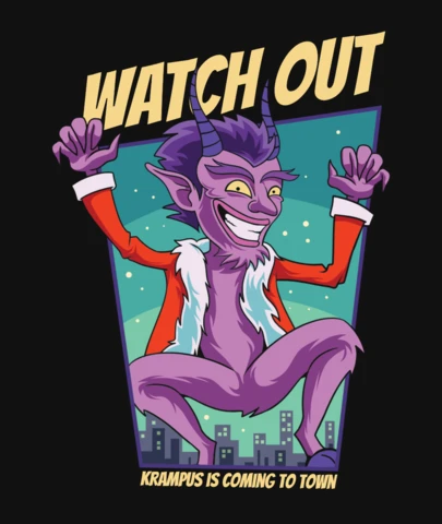 Krampus arrive en ville, un démon violet de Noël avec un design de t-shirt "attention" pour les fêtes.