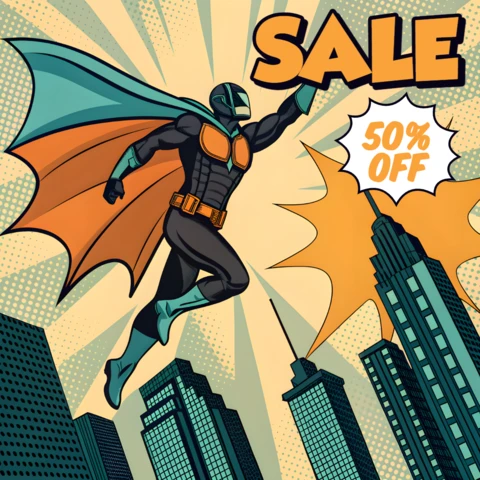 Template di vendita di supereroi in stile fumetto per volantini promozionali