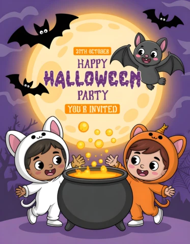 Convite de festa de Halloween modelo coelho e gato crianças com caldeirão brilhante, lua cheia e design de casa assombrada para festividades