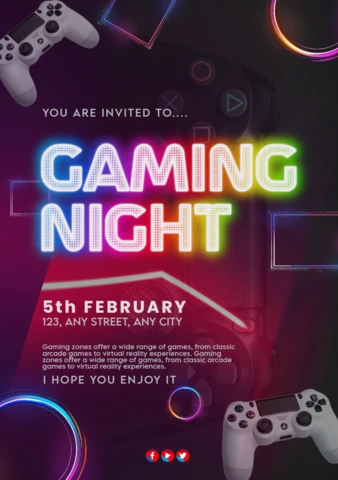 Diseño de plantilla de póster para emocionante noche de juegos con luces de neón