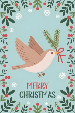 メリークリスマス カード 鳥が赤いリボンを持った松の枝を持ち、雪の結晶とホーリーの葉に囲まれています