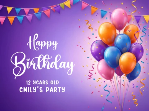 Póster de cumpleaños feliz con fondo morado, globos, banderines, confeti y alegres deseos de cumpleaños.