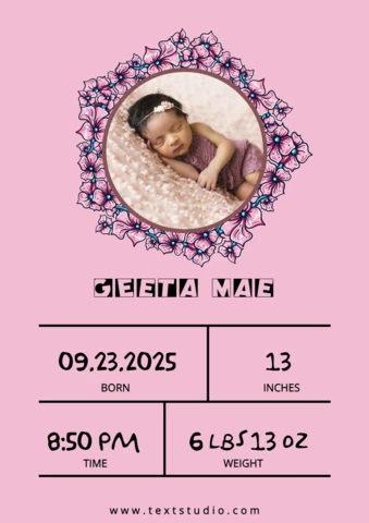 Pink And Black Baby Birth Announcement Poster Template