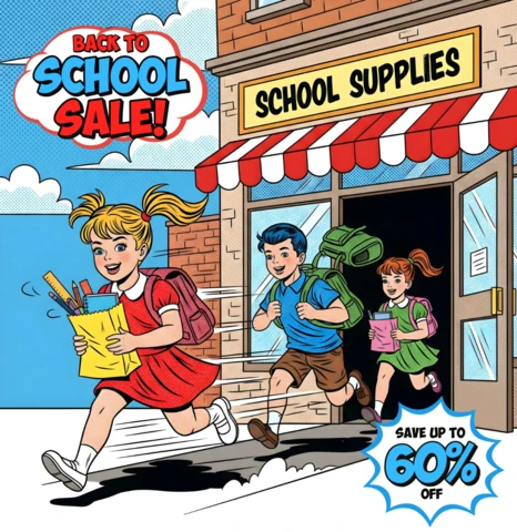 School Supplies Cheerful Comic Kids with Backpacks & 60% Off Back to School Sale Banner Design Template for Promotional Flyers