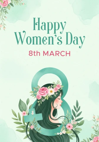 国際女性デーのポスターテンプレート、数字の8の中に女性のイラストと装飾的な花のモチーフが描かれています。