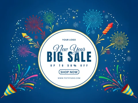 Modèle de design pour vente de Nouvel An avec des feux d'artifice colorés pour des flyers promotionnels.