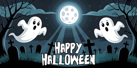 Halloween-spukender Friedhof, blattlose Bäume & ängstliche Geisterausdrücke Facebook-Cover-Design-Vorlage