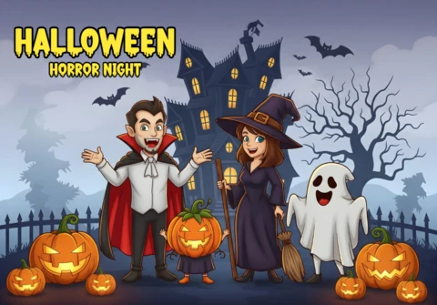 Modèle de flyer festif avec des personnages de vampire, sorcière, fantôme et citrouille pour la nuit d'horreur d'Halloween, avec une maison hantée et des chauves-souris.