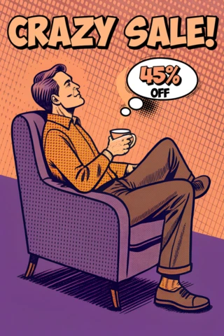 Modelo de anúncio de venda de pop art com homem relaxado para folhetos promocionais