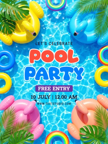 Colorful Summer Pool Party Invitation Flyer with Floating Rings and Tropical Leaves On Blue Water Background