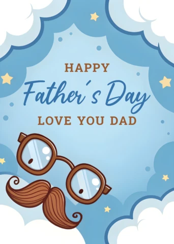 Funny Father's Day Card Template with Glasses and Mustache Cartoonish Design