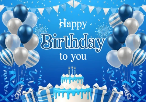 Template de design de celebração de aniversário com balões e bolo para convites de festa