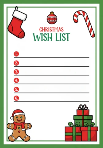 Christmas Wish List Template Festive Design with Gingerbread Man, Stocking, Candy Cane, and Presents
