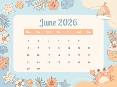 June 2026 Calendar, Beach Theme with Seashells, Smiling Crab, Coloring Pages, and Classroom Activity Ideas