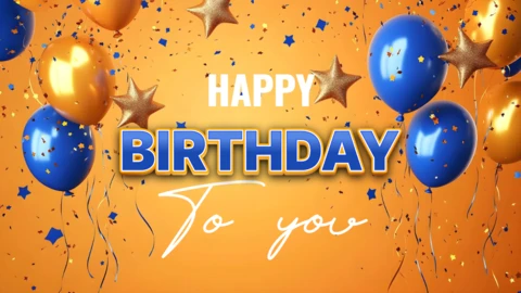 Festive Birthday Greeting Card Template with Blue and Gold Balloons