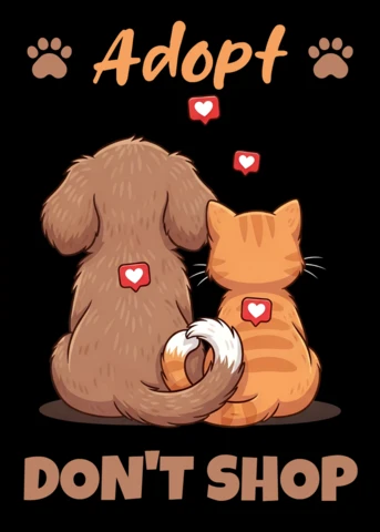 Adopta, no compres, plantilla de diseño para cartel de adopción de mascotas con ilustración de perro y gato adorables.