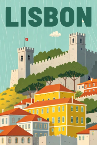 Ilustração do castelo de São Jorge em Lisboa para cartazes de viagem