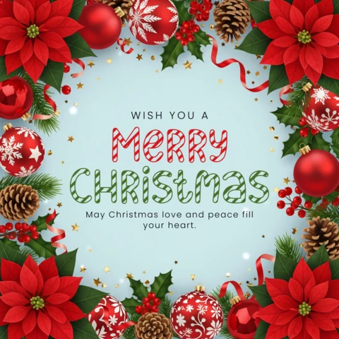 Poinsettia Garland with Snowflake Ornaments Framing May Christmas Love and Peace Fill Your Heart Merry Christmas Card Design Template