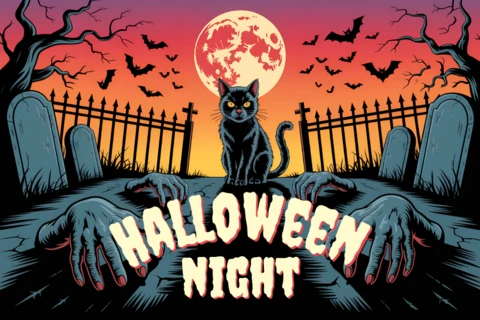 Spooky Halloween Night Design Template with Black Cat for T-Shirt Printing