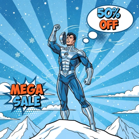 Arte de venda mega estilo quadrinhos de super-herói com design de raios azuis para folhetos promocionais