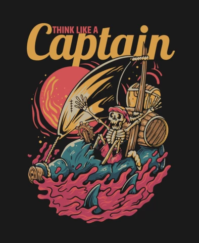 Pense como um modelo de design de camiseta vintage de esqueleto de capitão