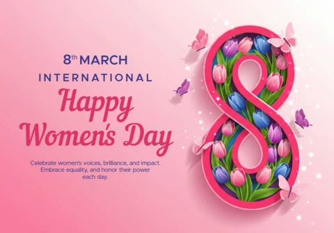 Women’s Day Celebration Banner Featuring Floral Number 8, Butterflies, and Festive Pink Gradient Background