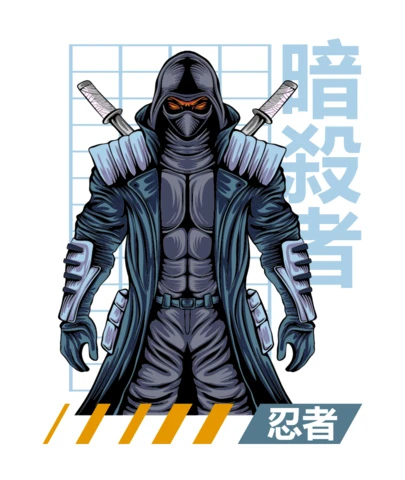 Nachtklinge gepanzerter Ninja-Assassine mit Zwillingsschwertern und T-Shirt-Designvorlage mit japanischer Typografie