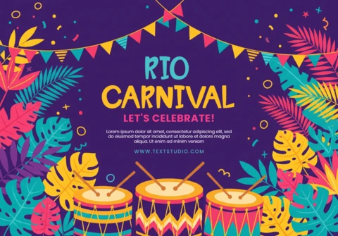 Rio Carnival 2026 Poster Tropical Leaves, Drums, and Festive Bunting On Purple Background