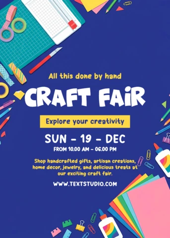 Modern Craft Fair Event Flyer Template with Paper Crafts, Cutting Mat and Creative Art Supplies Layout