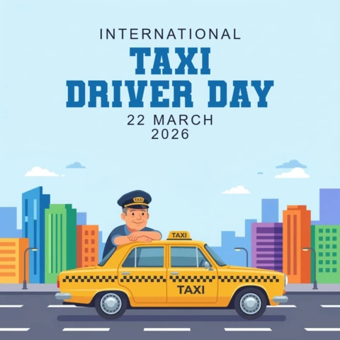 International Taxi Driver Day 2026 Poster Smiling Driver Leaning On Classic Yellow Cab Illustration