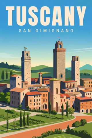 Modèle de design de poster editable de San Gimignano en Toscane dans un style d'illustration plate.