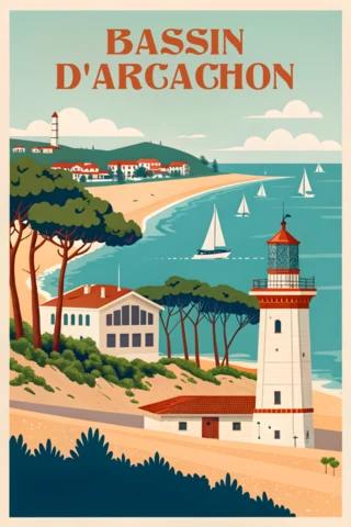 Vintage Lighthouse in Arcachon Design for Retro Flat Travel Posters Template
