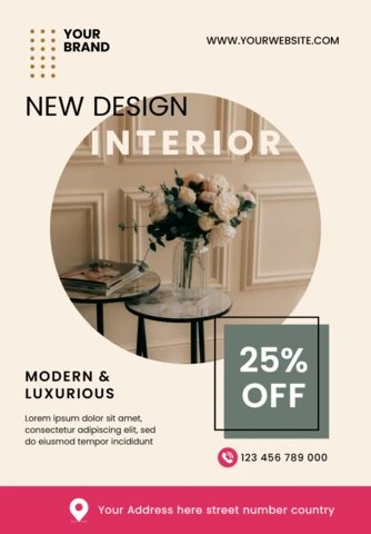 Modelo de design de interiores moderno para folhetos promocionais com elementos florais luxuosos