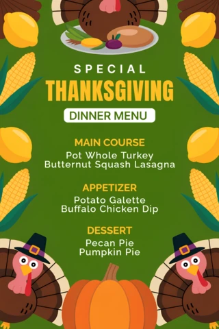 Thanksgiving Dinner Menu Design Template with Turkeys and Autumn Elements for Festive Events