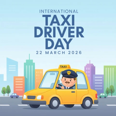 International Taxi Driver Day 2026 Poster Smiling Driver in Classic Yellow Cab with Colorful Cityscape Illustration