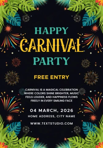 Festive Carnival Party Design Template with Tropical Leaves and Fireworks for Event Invitations