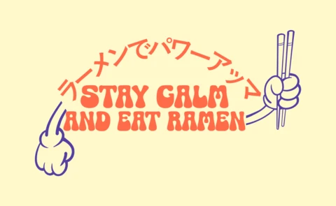 Modèle de design typographique rétro : restez calme et mangez des ramen